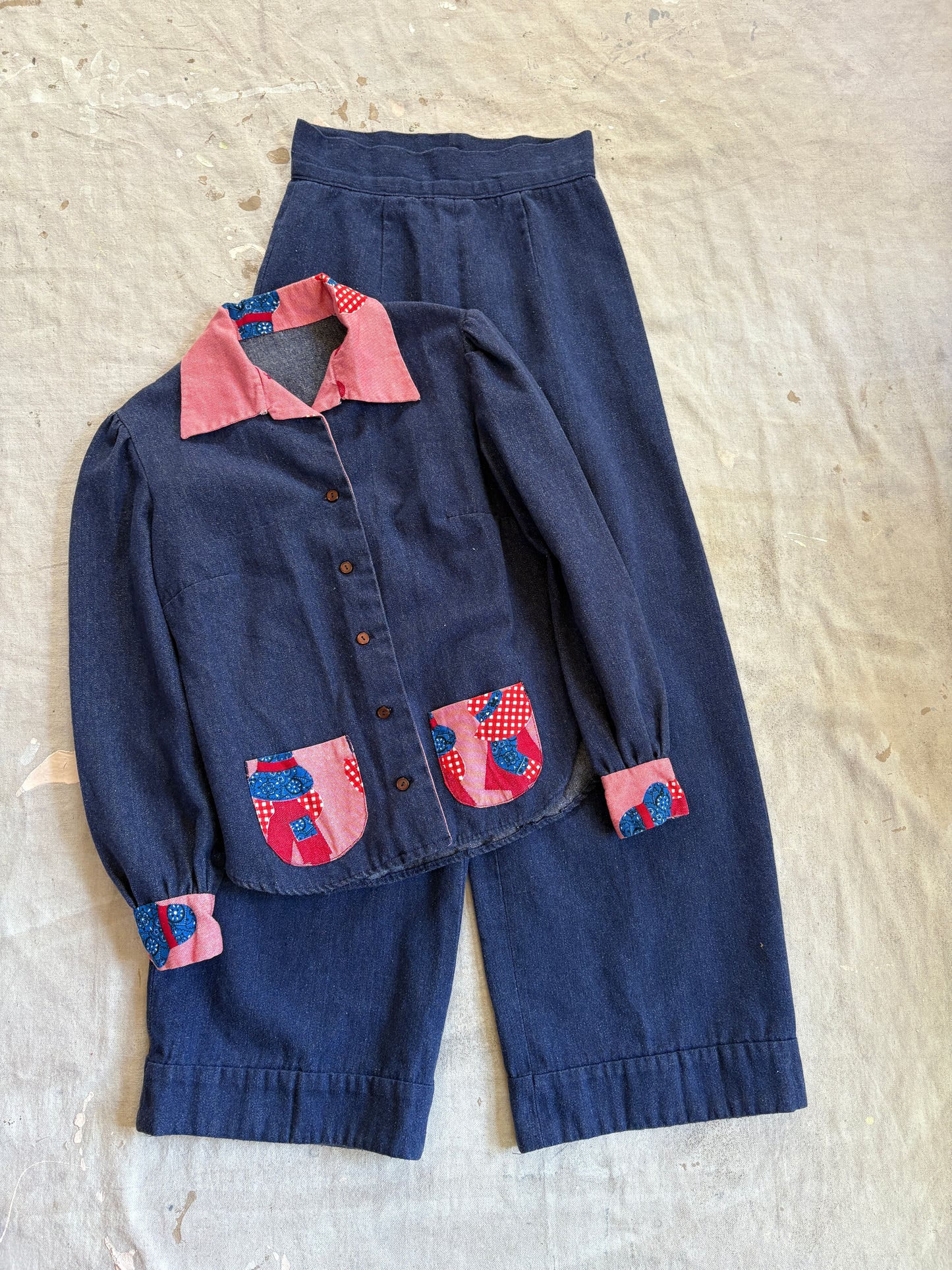 Vintage 70s/80s Handmade Denim Jacket Wide Leg Pant Set