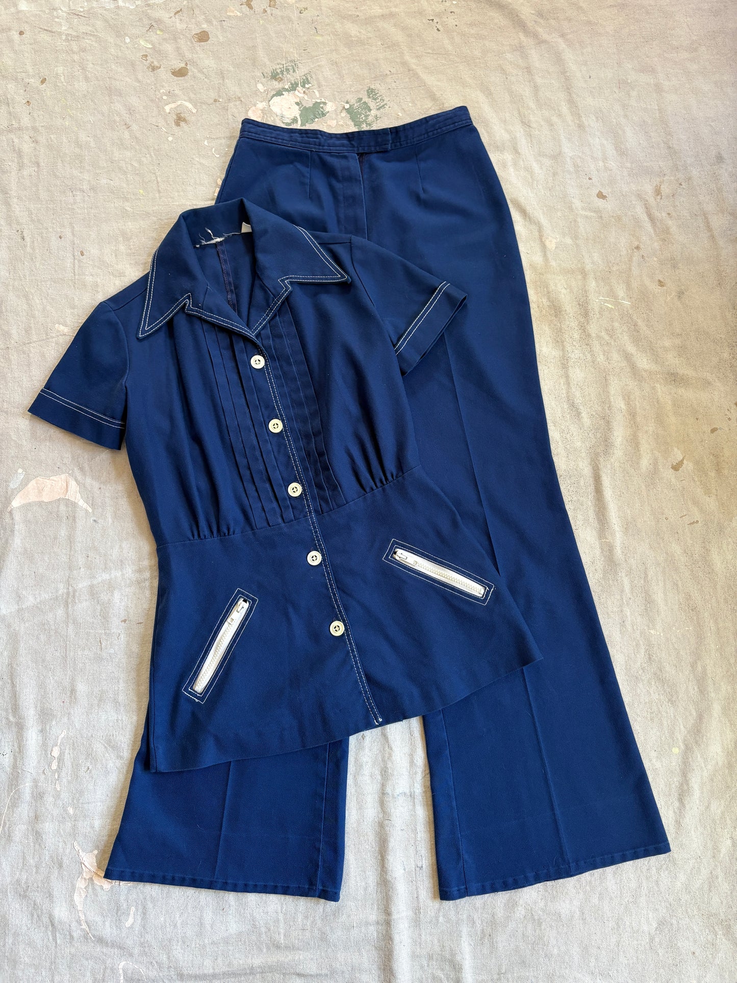Vintage 70s/80s Navy Blue Blouse And Bell Bottom Pant Set