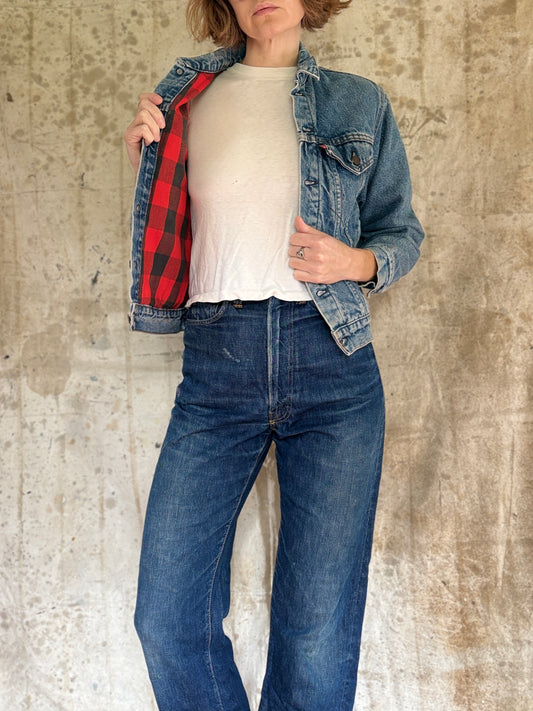 80s Buffalo Plaid Flannel Lined Levi’s Trucker Jean Jacket