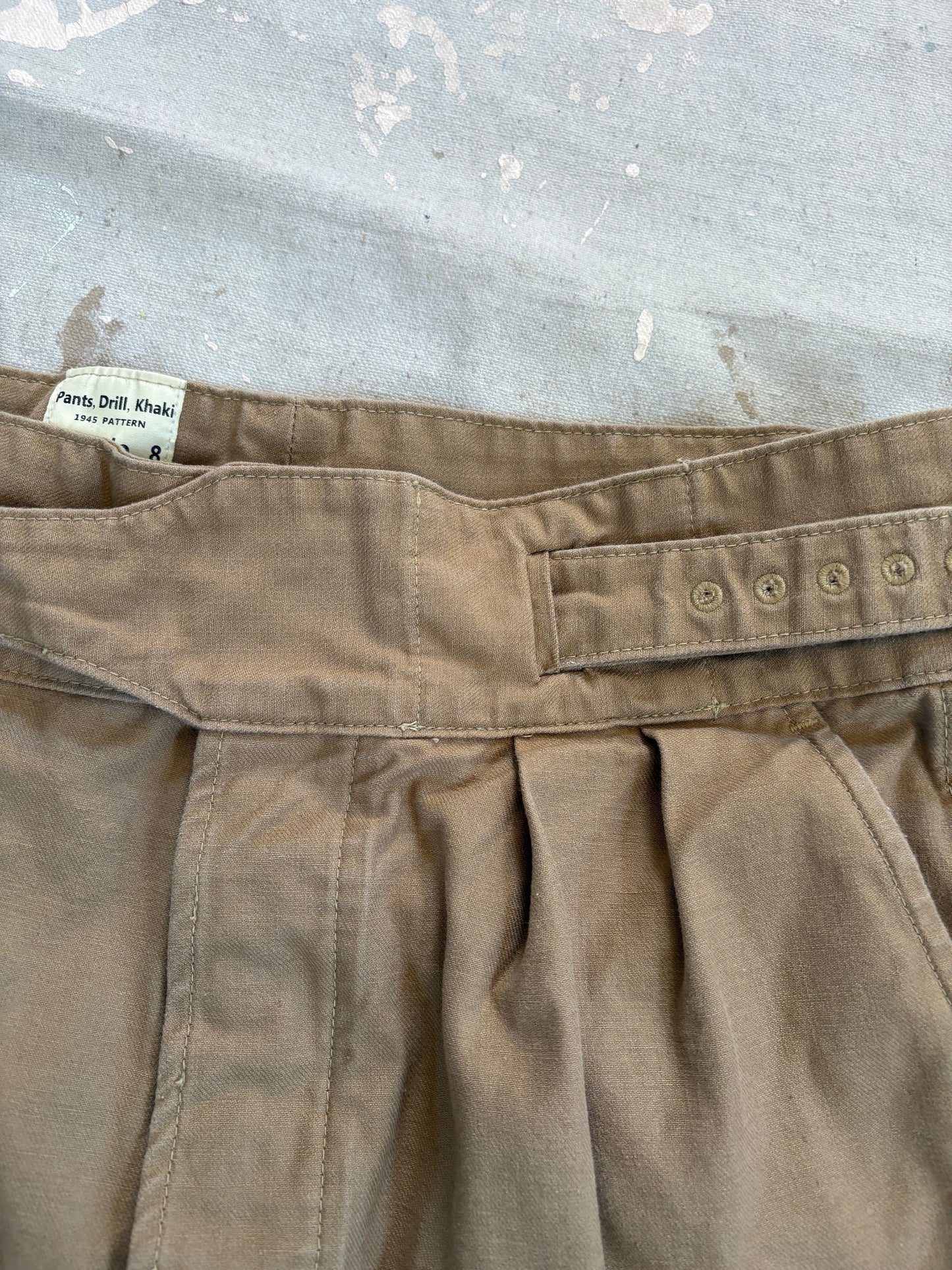 Vintage 40s Belted Waist Khaki Military Drill Shorts