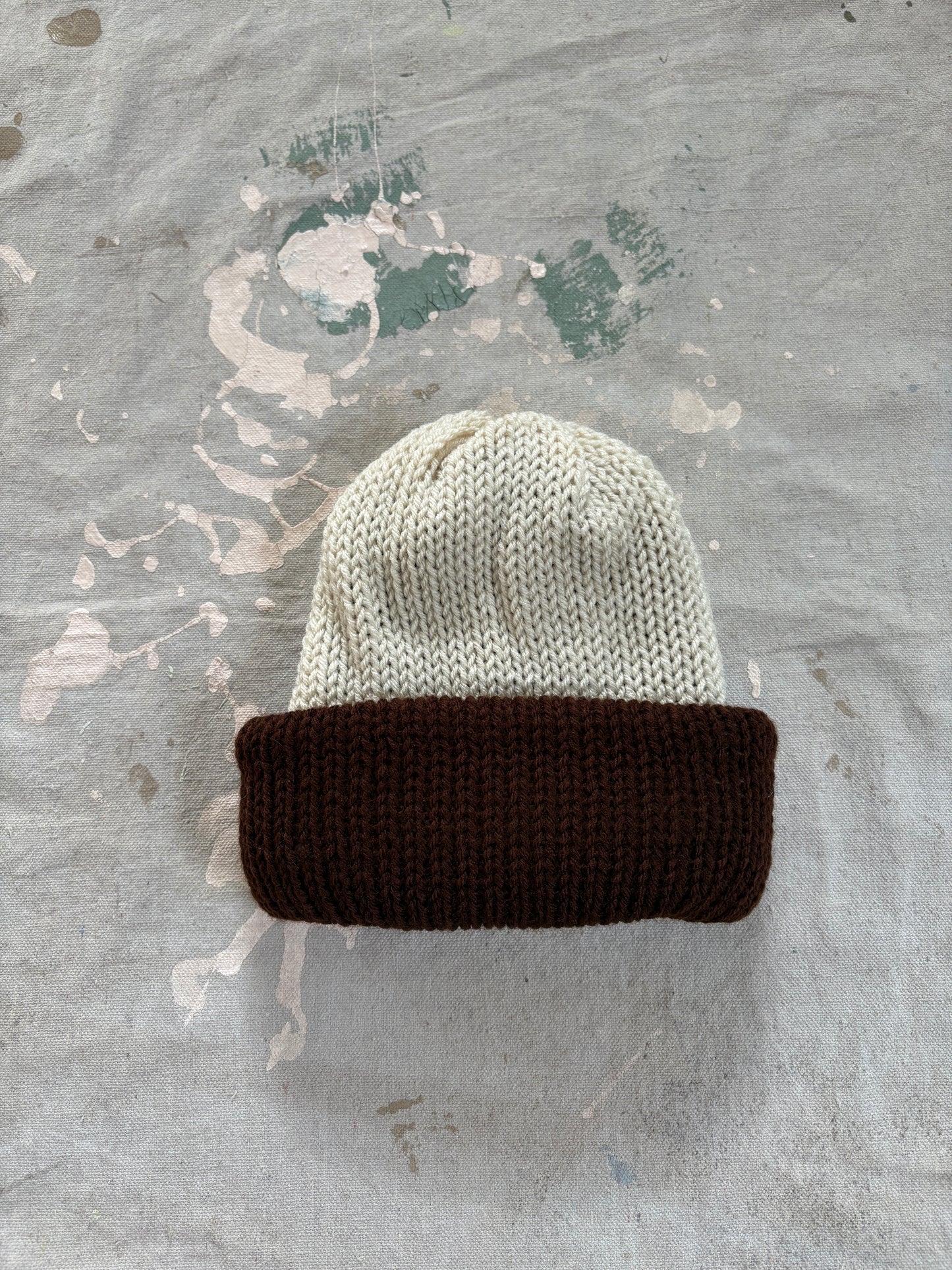 90s Hand Knit Reversible Chocolate Brown And Ecru Beanie