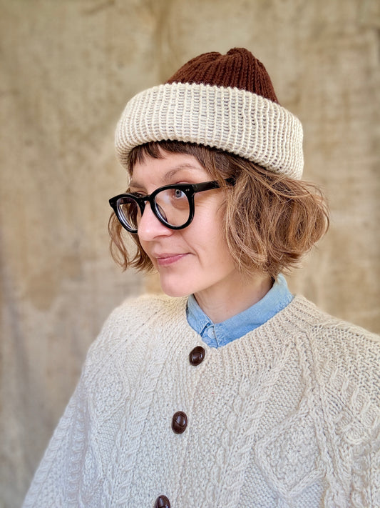 90s Hand Knit Reversible Chocolate Brown And Ecru Beanie