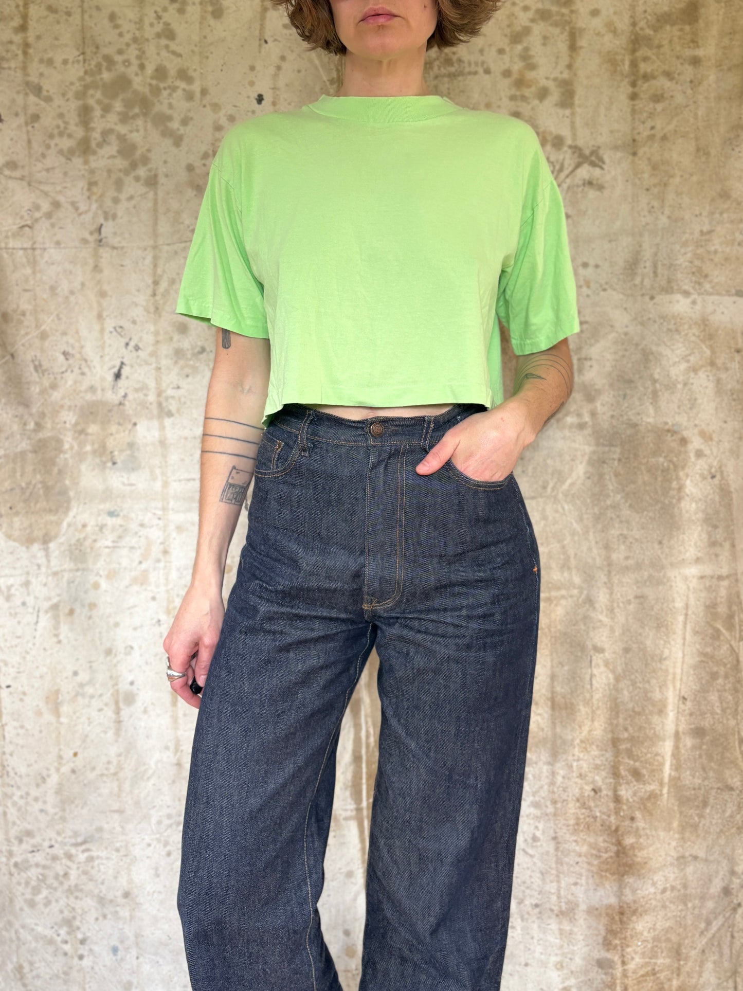 Vintage 90s Cropped Blank Neon Green Tee