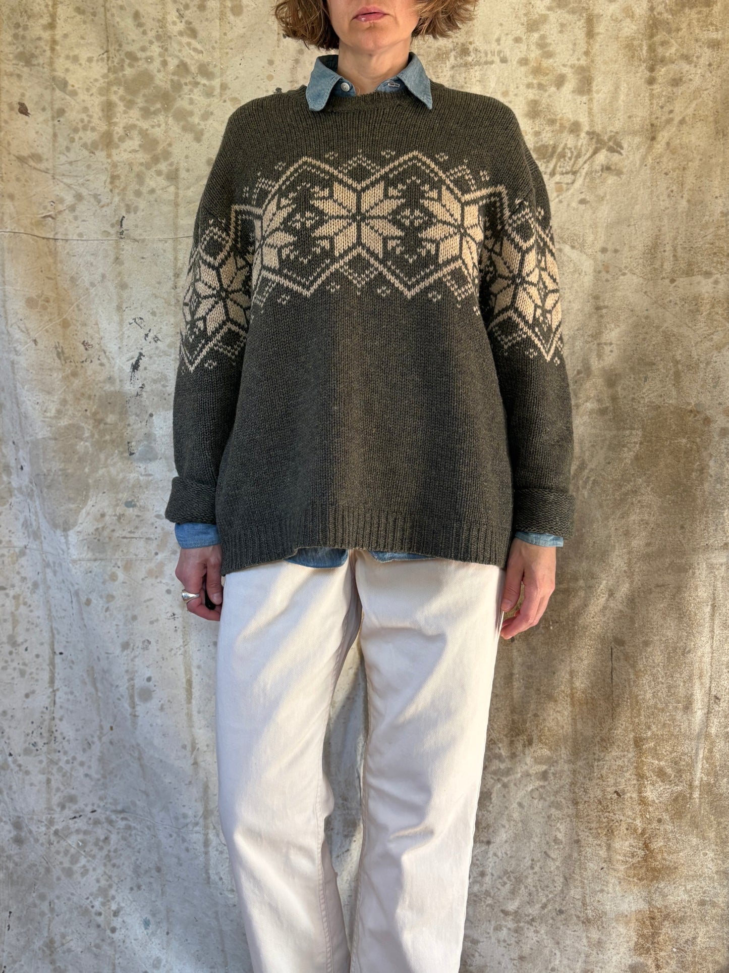 Vintage 90s Olive Green Snowflake Sweater