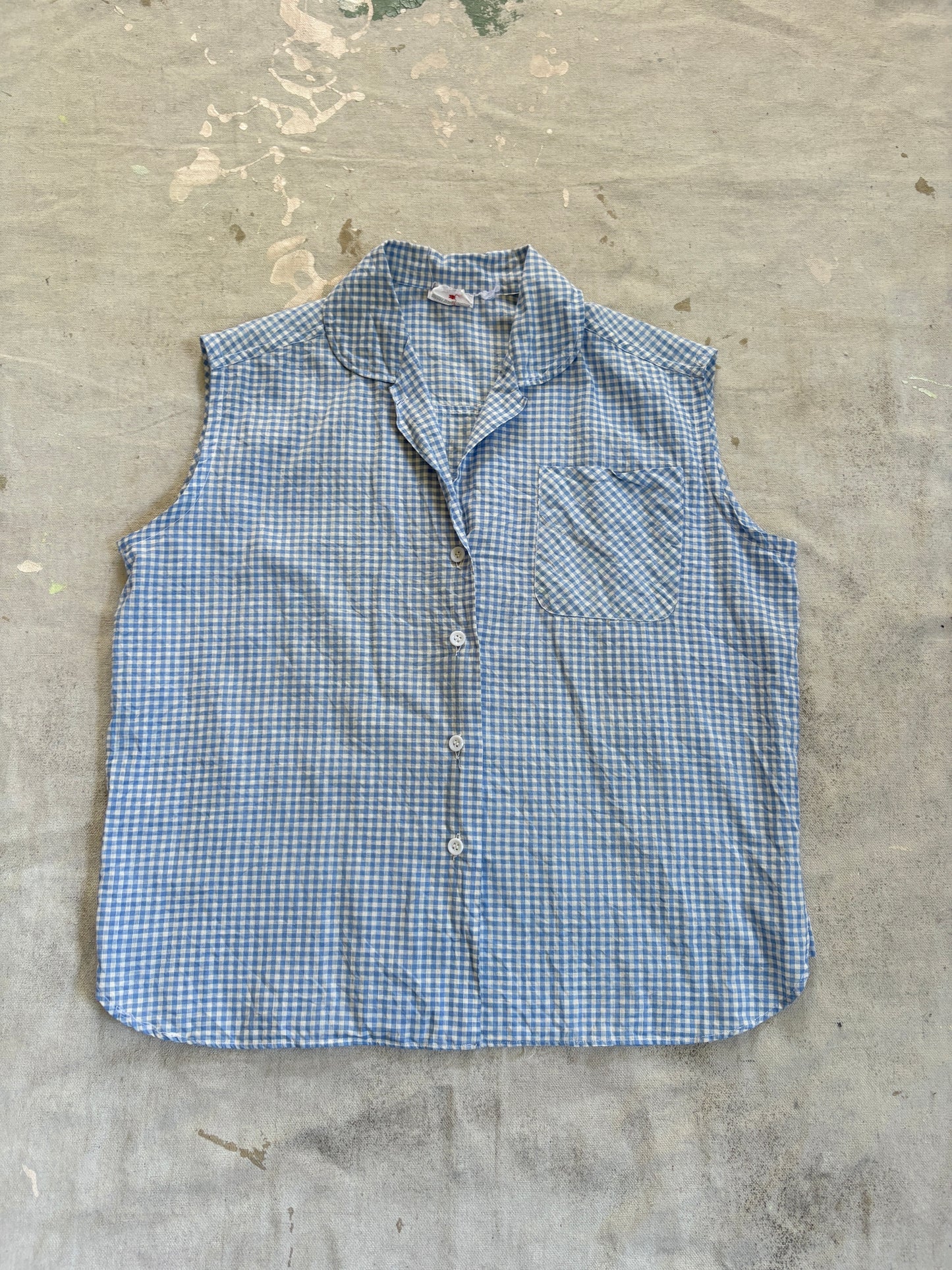 Vintage 60s Blue Gingham Sleeveless Blouse