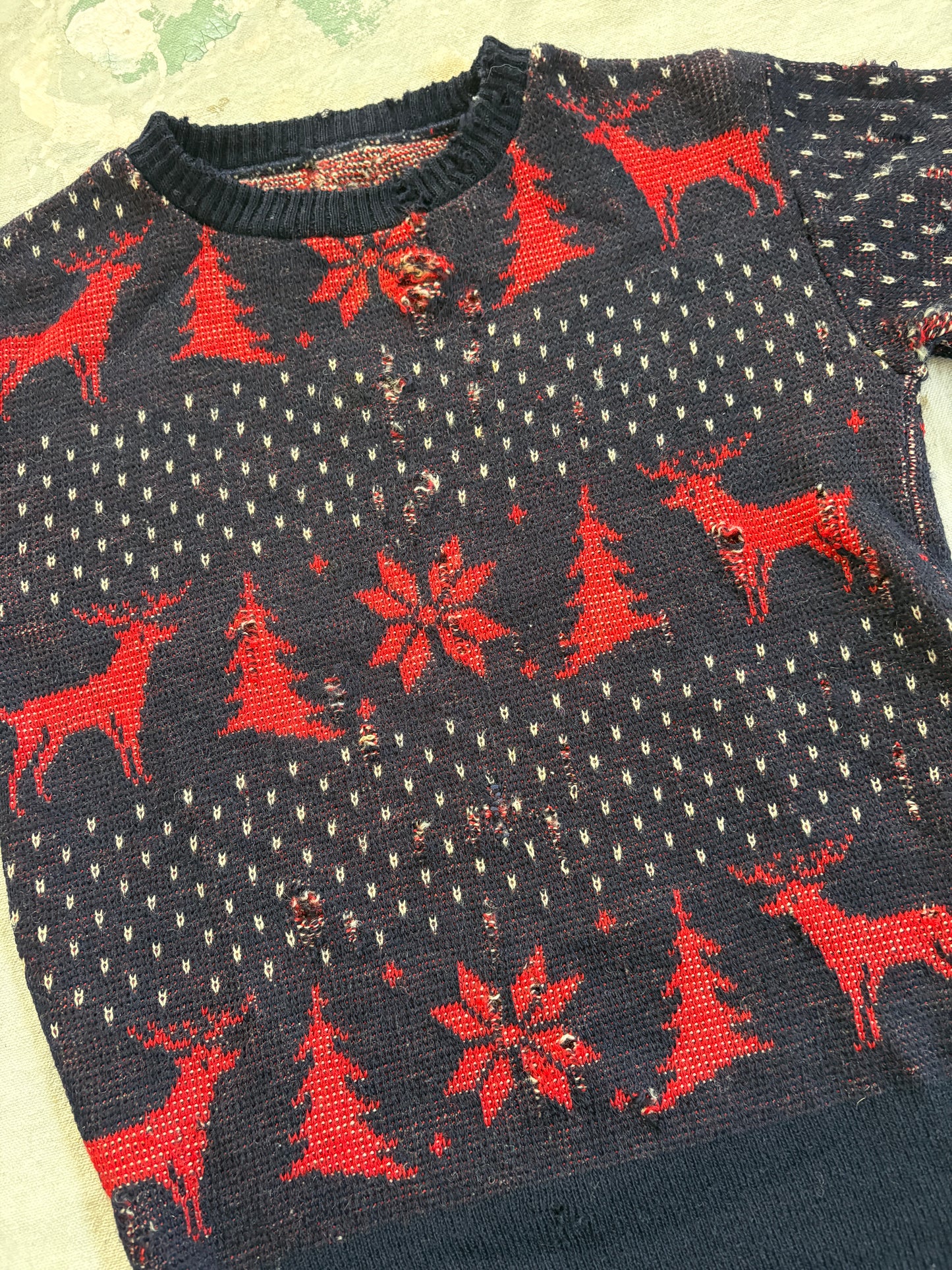 Vintage 50s Thrashed Tree And Snowflake Holiday Sweater