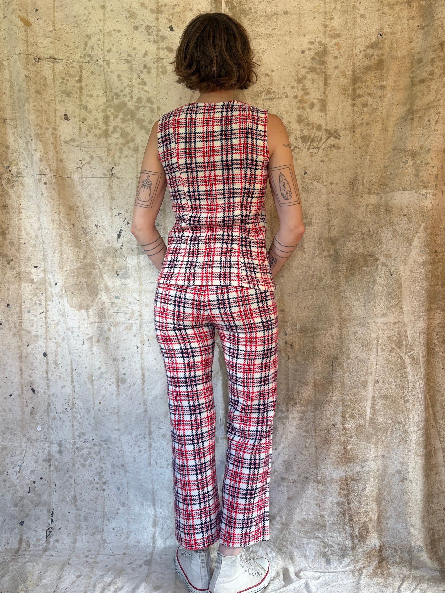 Vintage 70s/80s Red White Blue Plaid Vest Wide Leg Pants Set