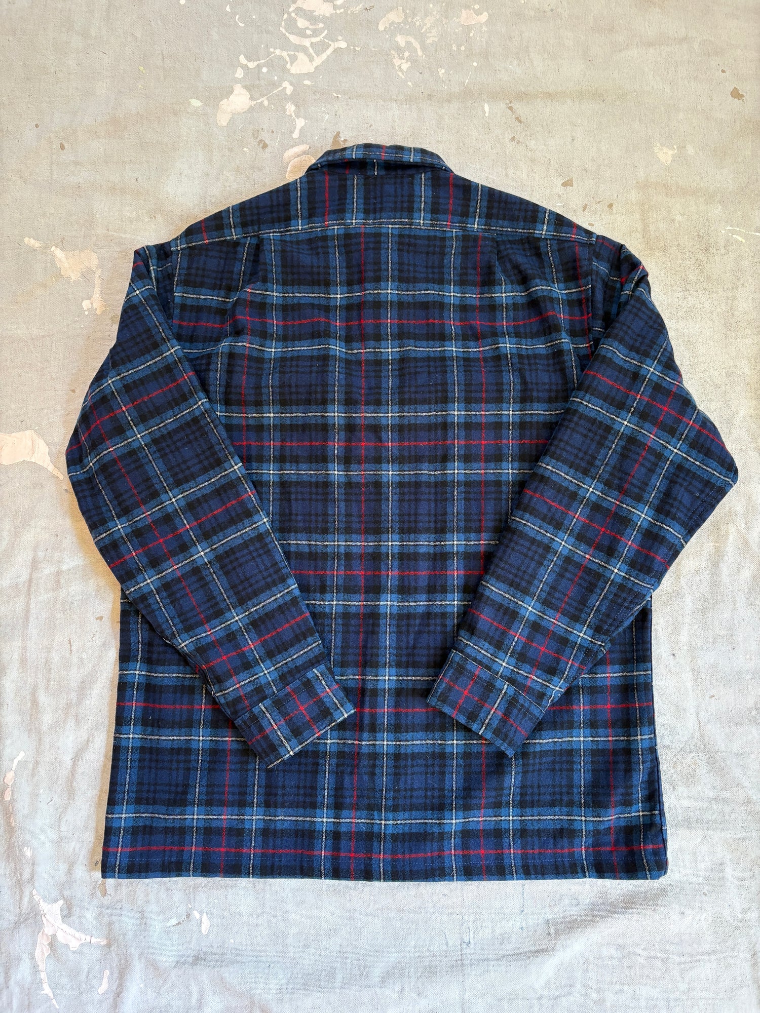 70s Blue, Red, Black Plaid Loop Collar Pendleton Wool Shirt