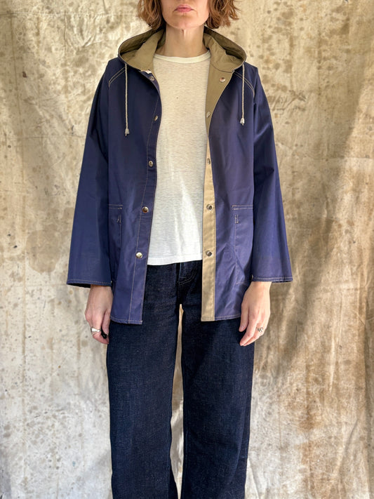 80s Tan Navy Blue Reversible Raincoat