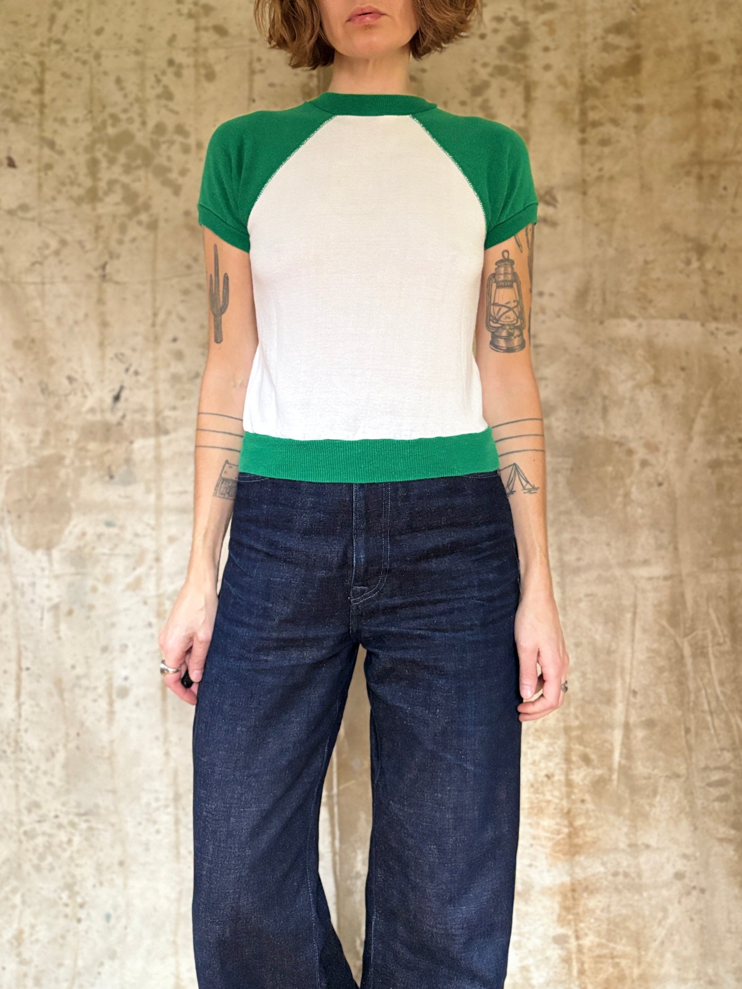 70s Green And White Short Sleeve Sweatshirt
