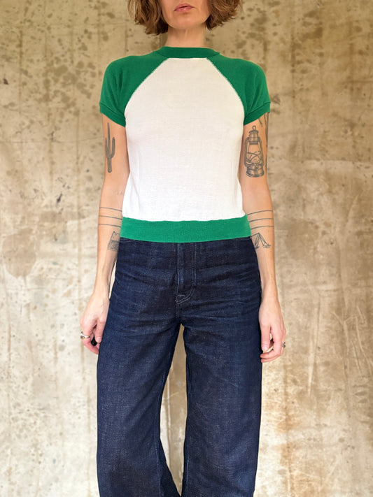 70s Green And White Short Sleeve Sweatshirt