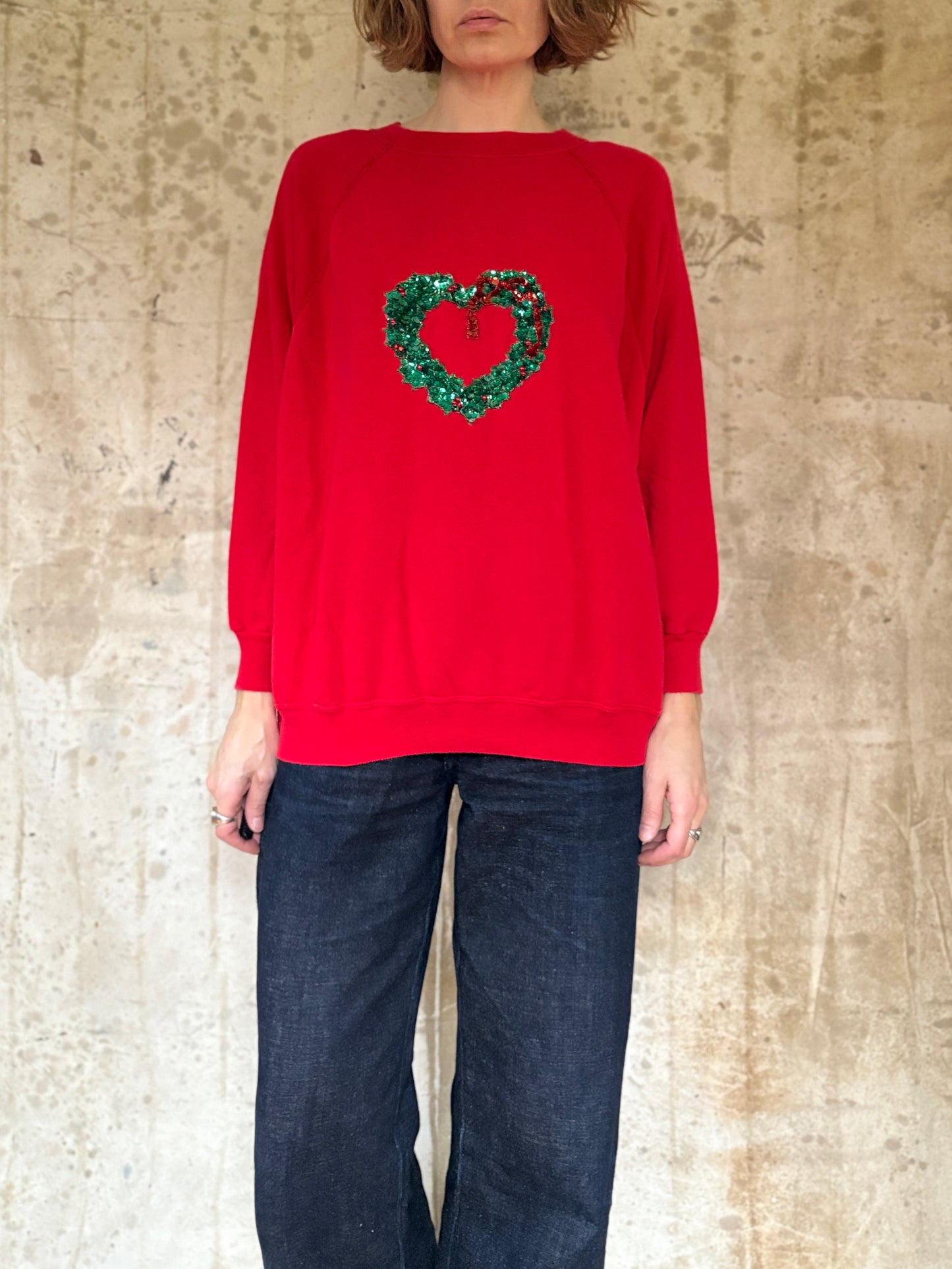 Vintage 90s Sequence Heart Wreath “Ugly Christmas” Sweatshirt