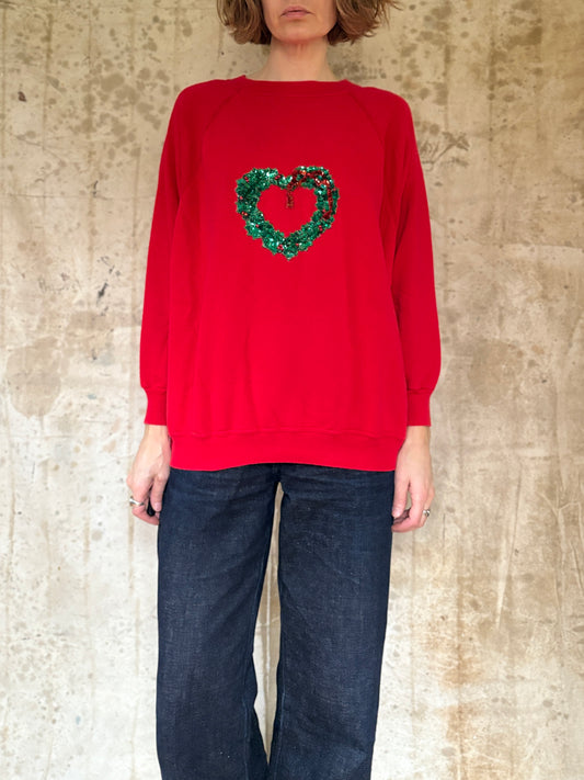 Vintage 90s Sequence Heart Wreath “Ugly Christmas” Sweatshirt