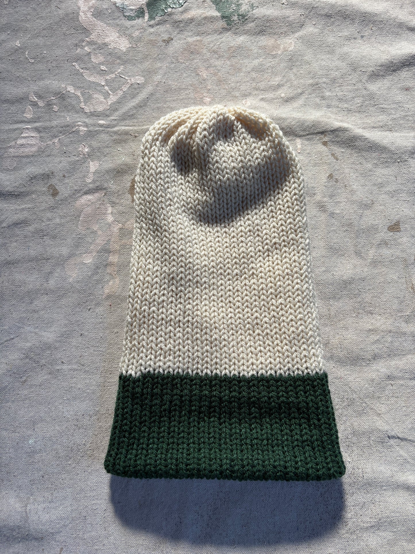 Hand Knit Ecru And Evergreen Beanie