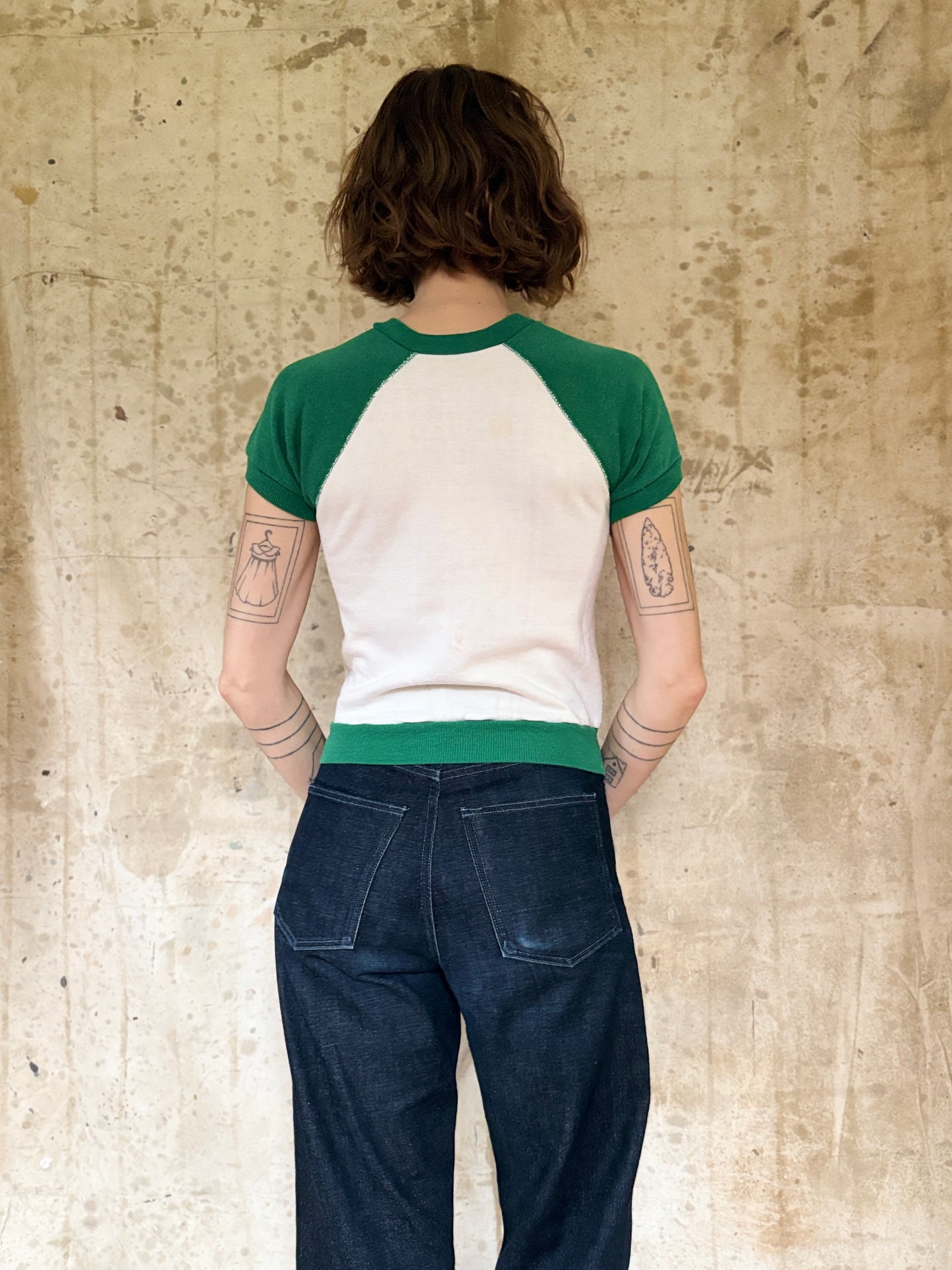 70s Green And White Short Sleeve Sweatshirt