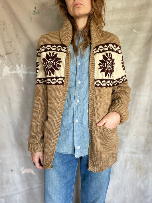 70s Handknit Shawl Collar Snowflake Sweater