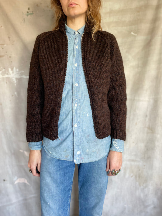 70s Handknit Brown Black Shawl Collar Sweater