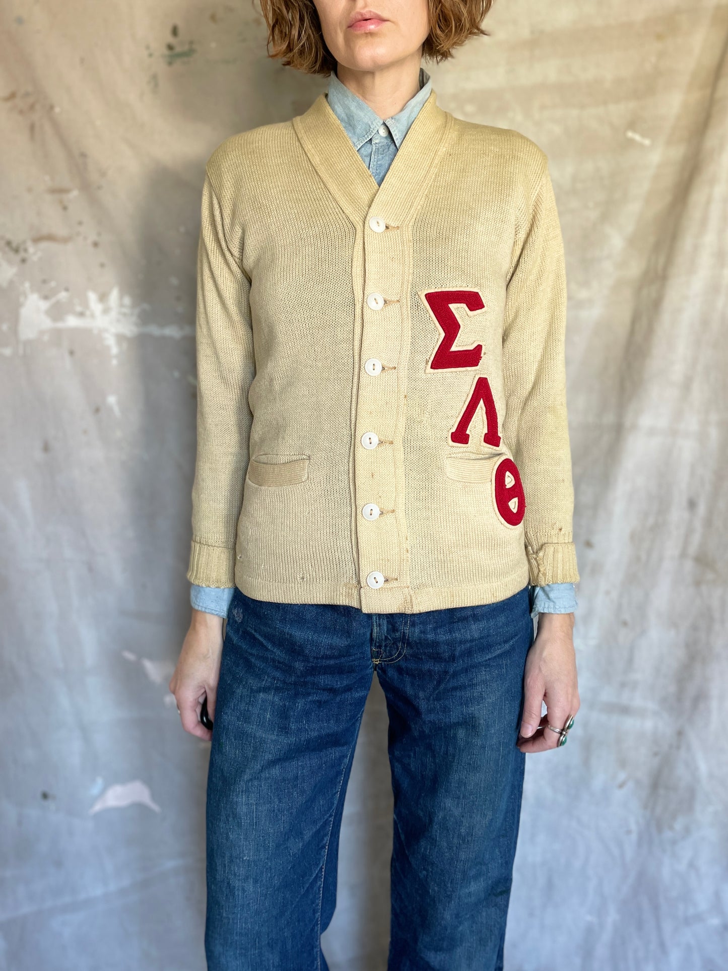 40s Cream Letterman Sweater