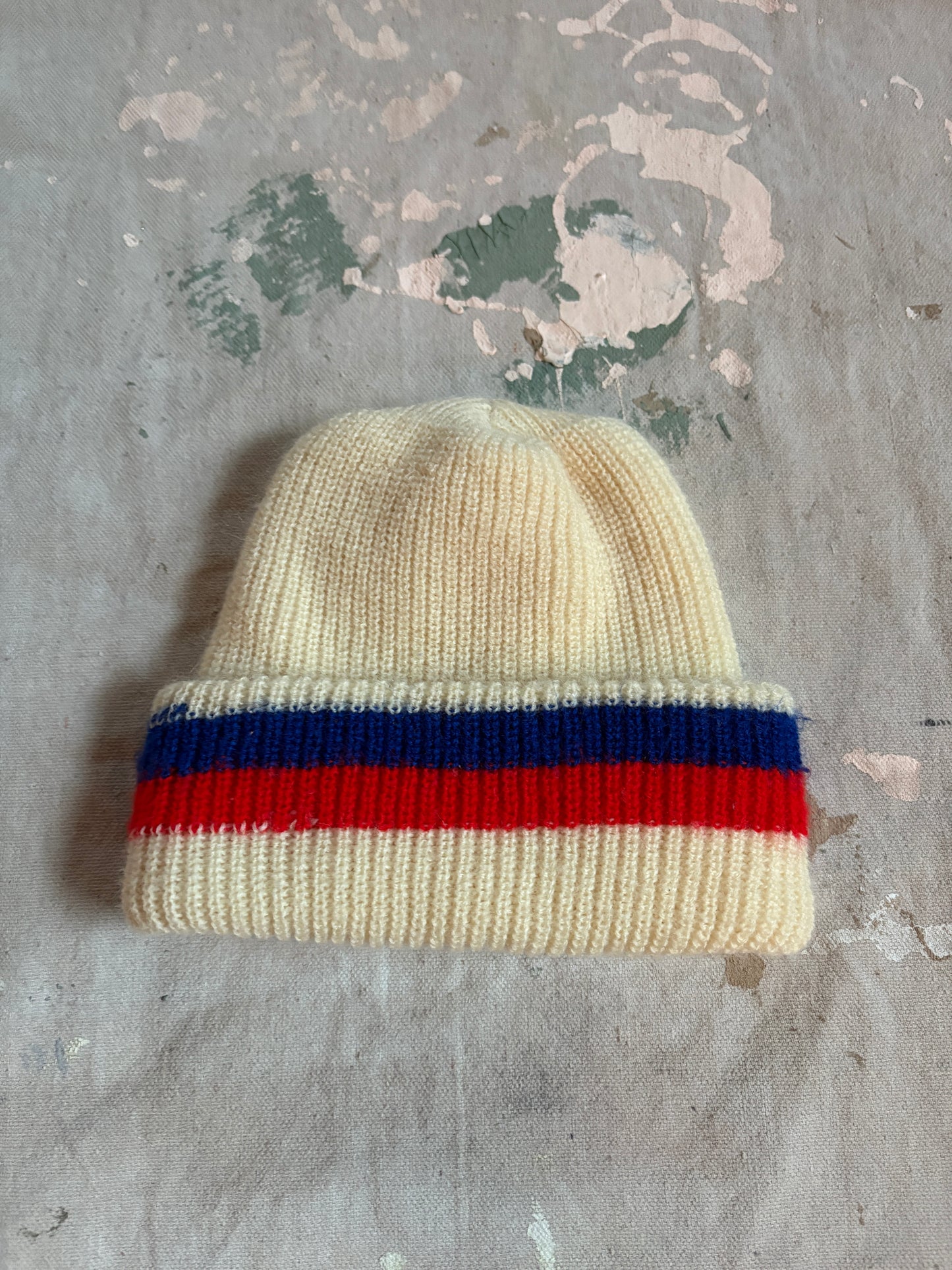 80s Ecru With Blue And Red Stripe Beanie