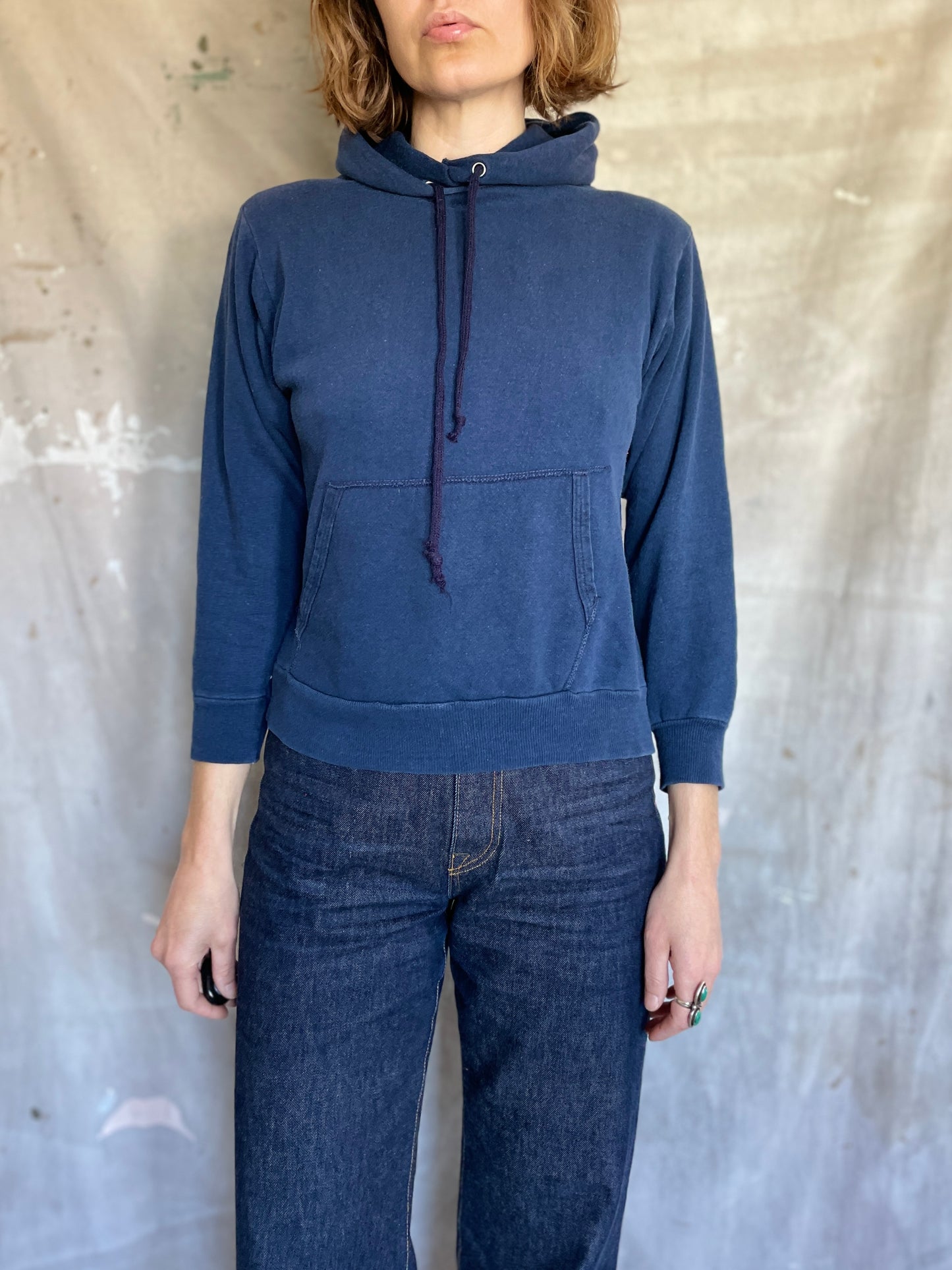 70s Blank Navy Blue Hoodie Sweatshirt