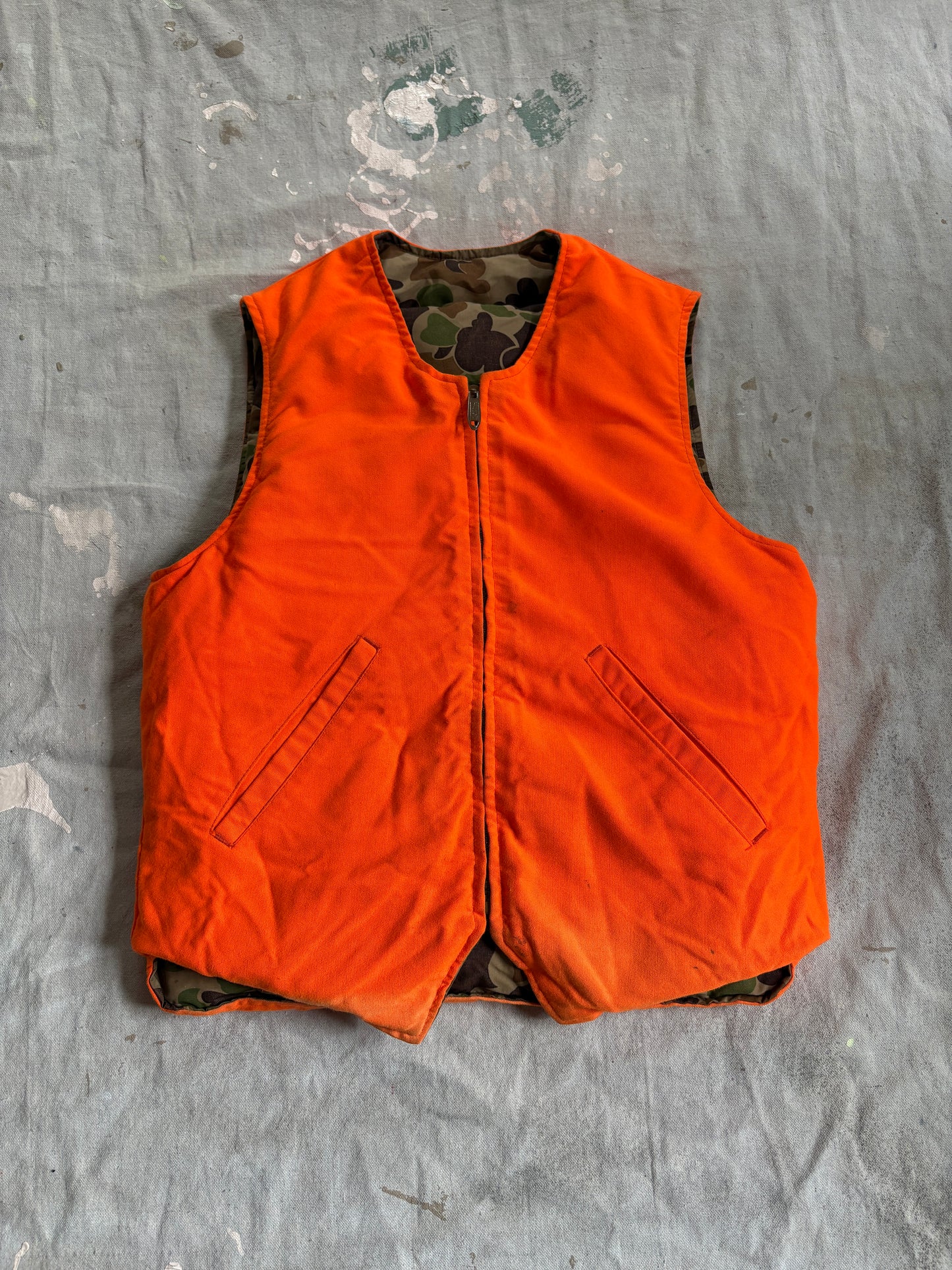 Vintage 80s Eddie Bauer Reversible Goose Down Orange Camo Vest