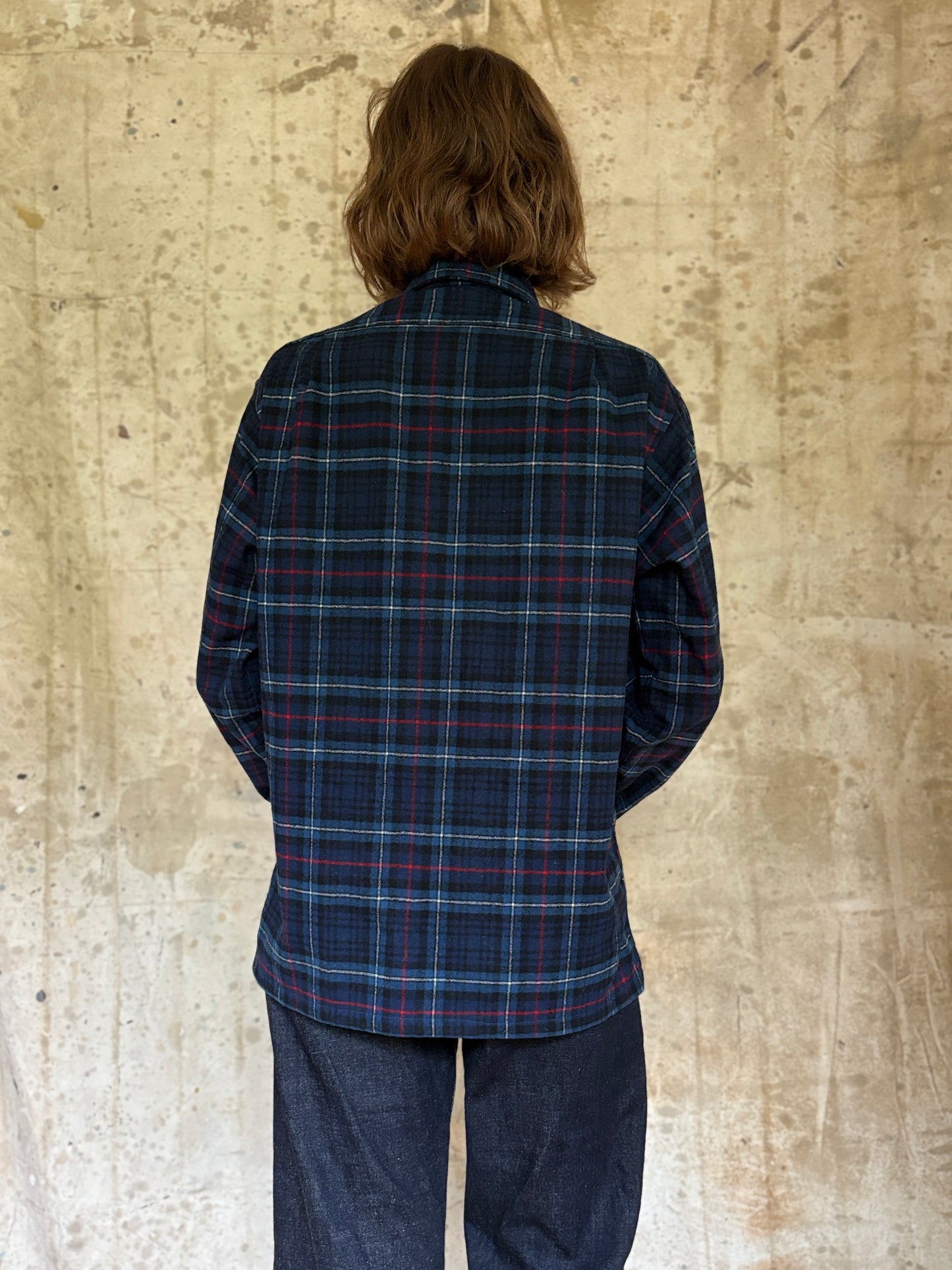 70s Blue, Red, Black Plaid Loop Collar Pendleton Wool Shirt