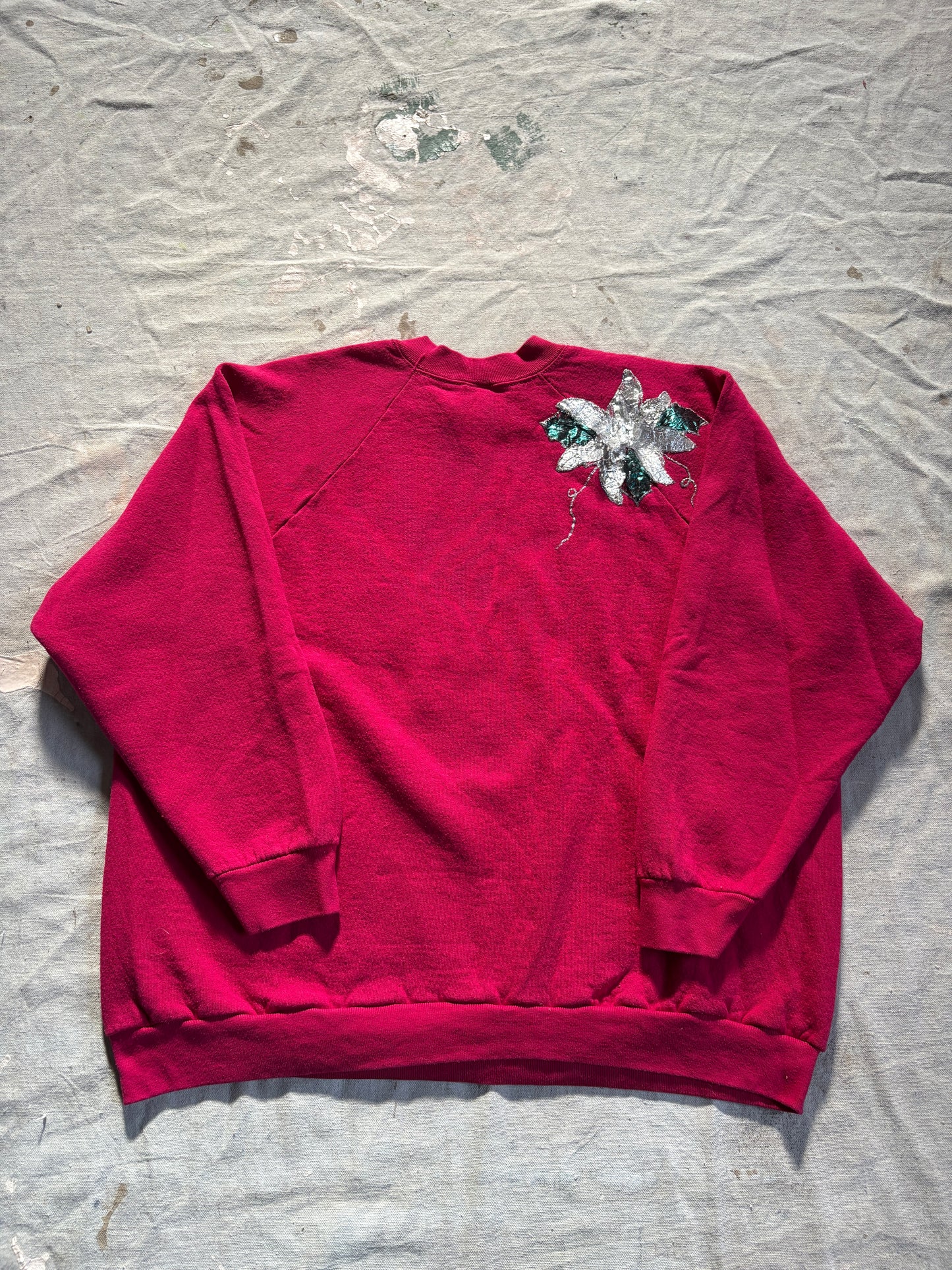 Vintage 80s Handmade Silver Poinsettia “Ugly Christmas” Sweatshirt