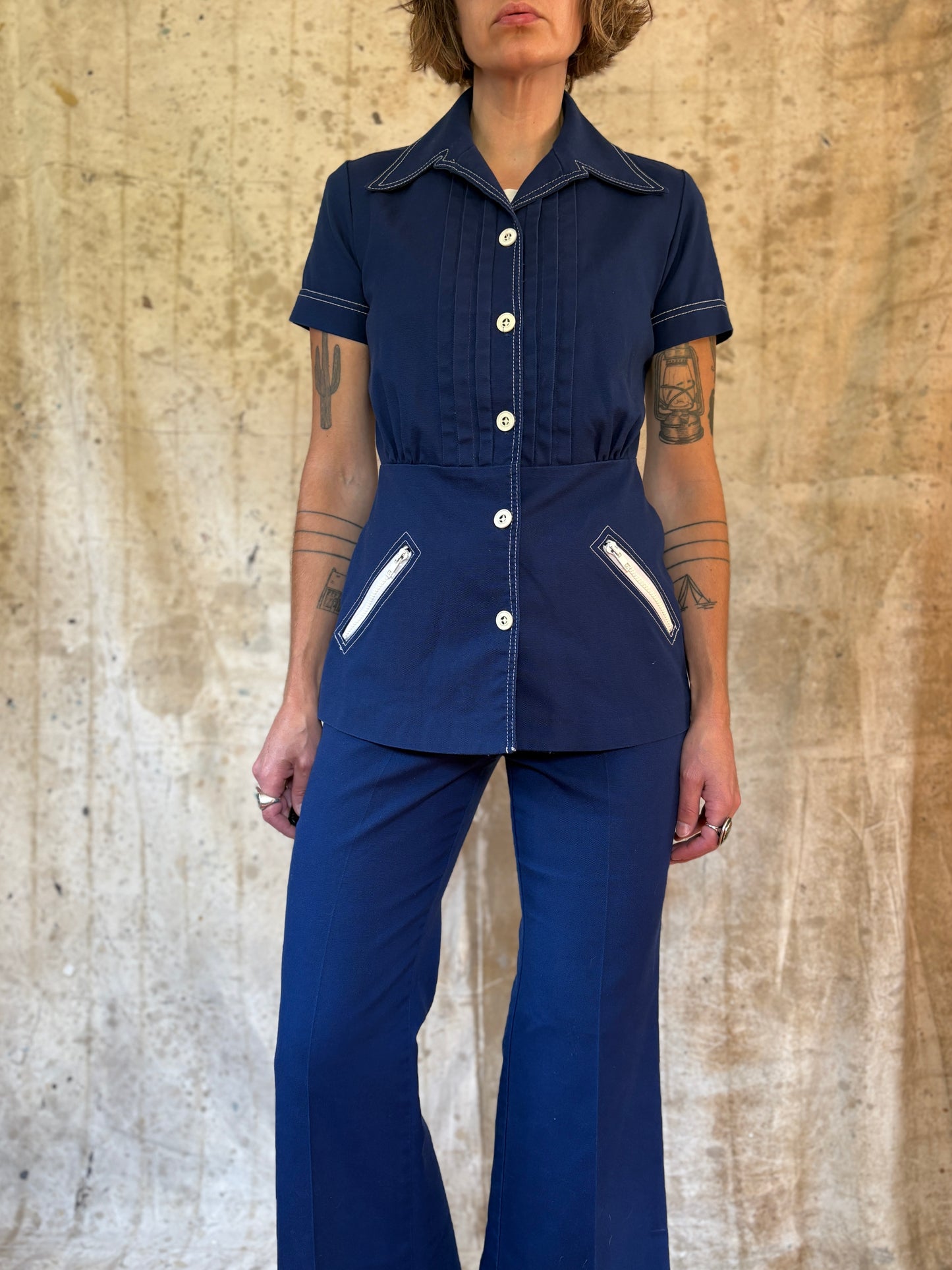 Vintage 70s/80s Navy Blue Blouse And Bell Bottom Pant Set