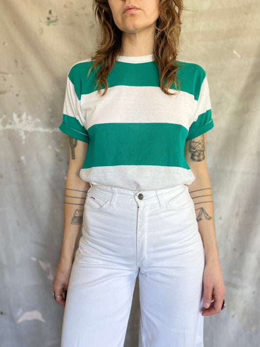 80s Green and White Striped Tee