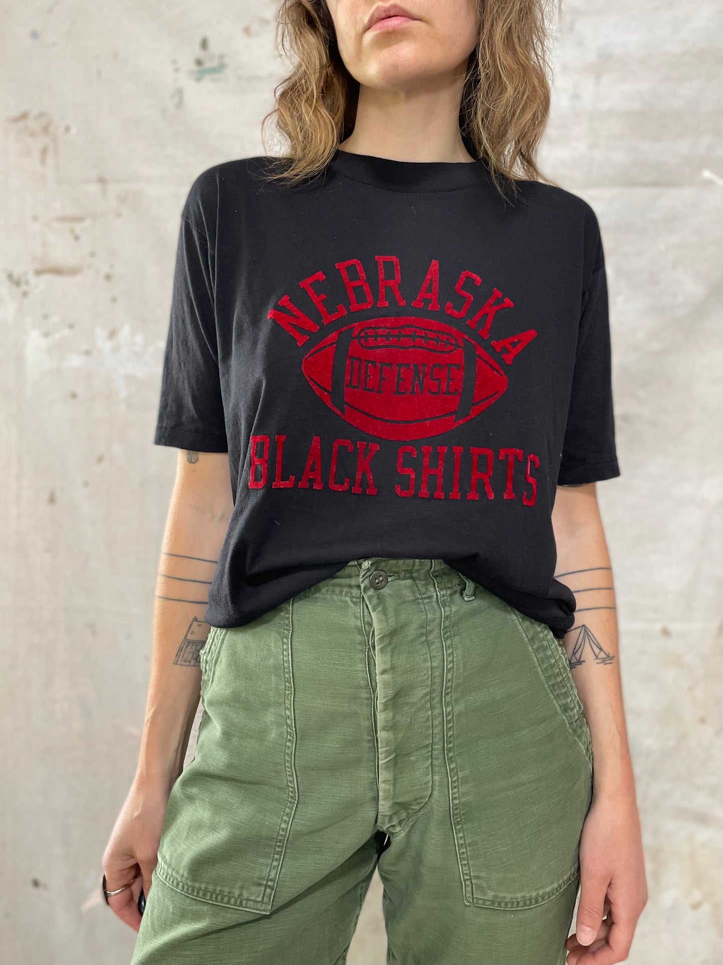 80s Flocked Nebraska Black Shirts Defense Football Tee