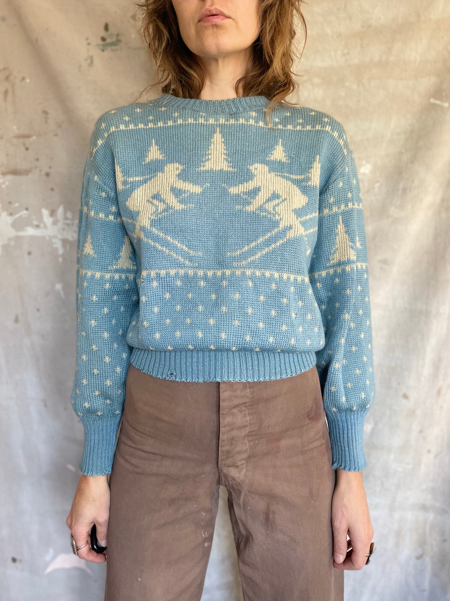 40s/50s Jersild Skiers Holiday Sweater Baby Blue
