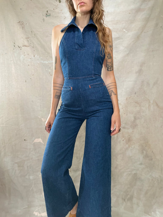 70s Wide Leg Halter Top Denim Jumpsuit