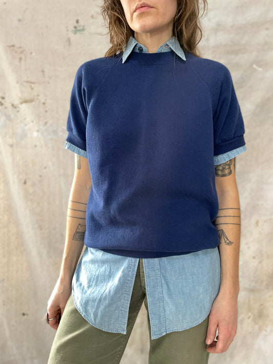 80s Navy Blue Short Sleeve Sweatshirt