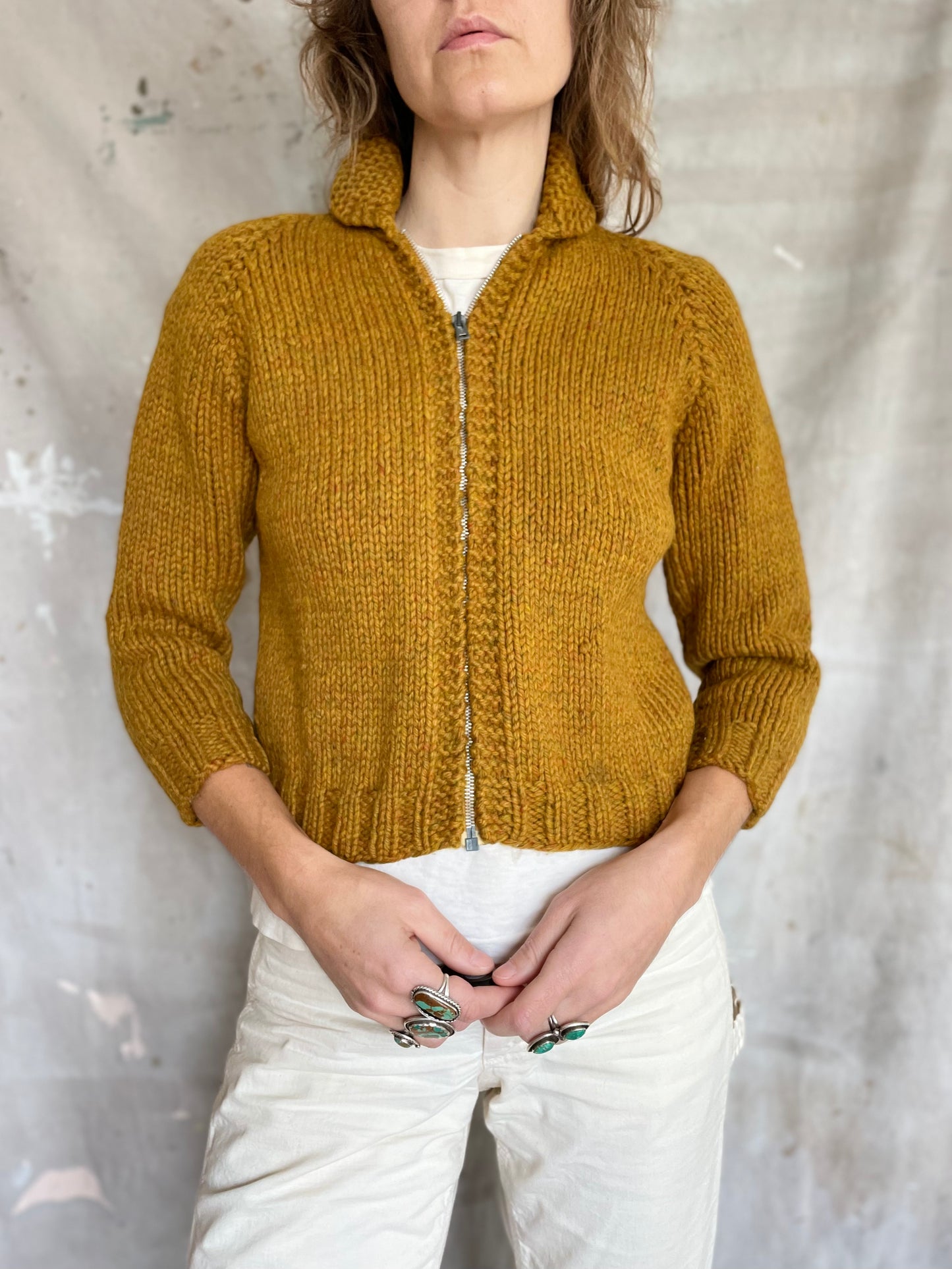 60s Handknit Ochre Shawl Collar Sweater