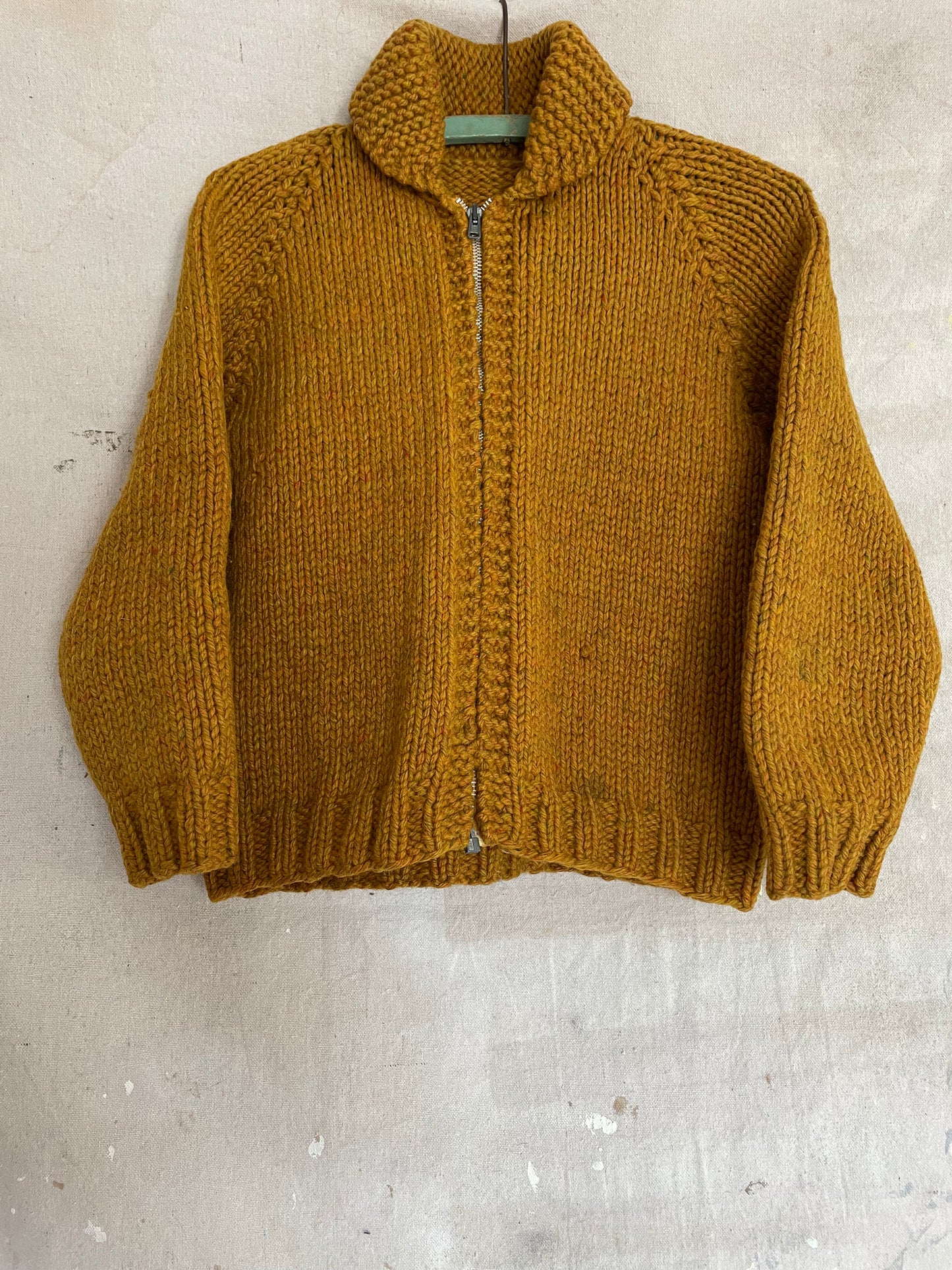 60s Handknit Ochre Shawl Collar Sweater