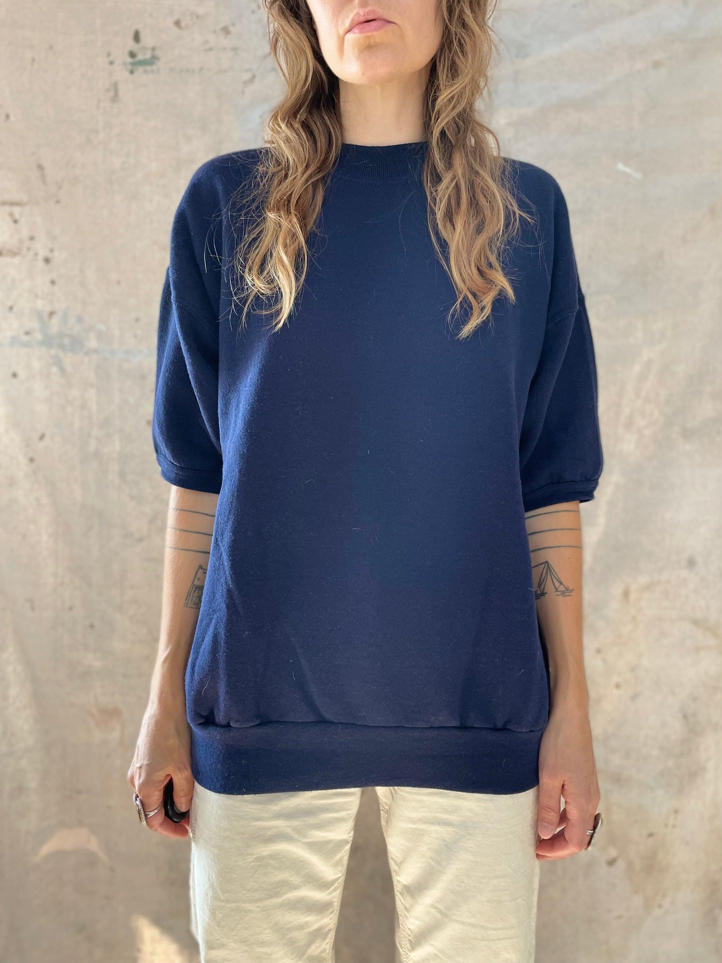 80s Blank Navy Blue Short Sleeve Sweatshirt