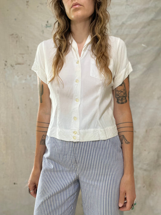 60s Blank White Bowling Shirt Blouse