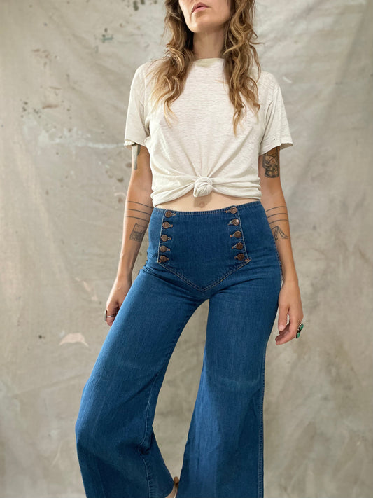 70s LA Machine Button Front Sailor Style Wide Leg Jeans