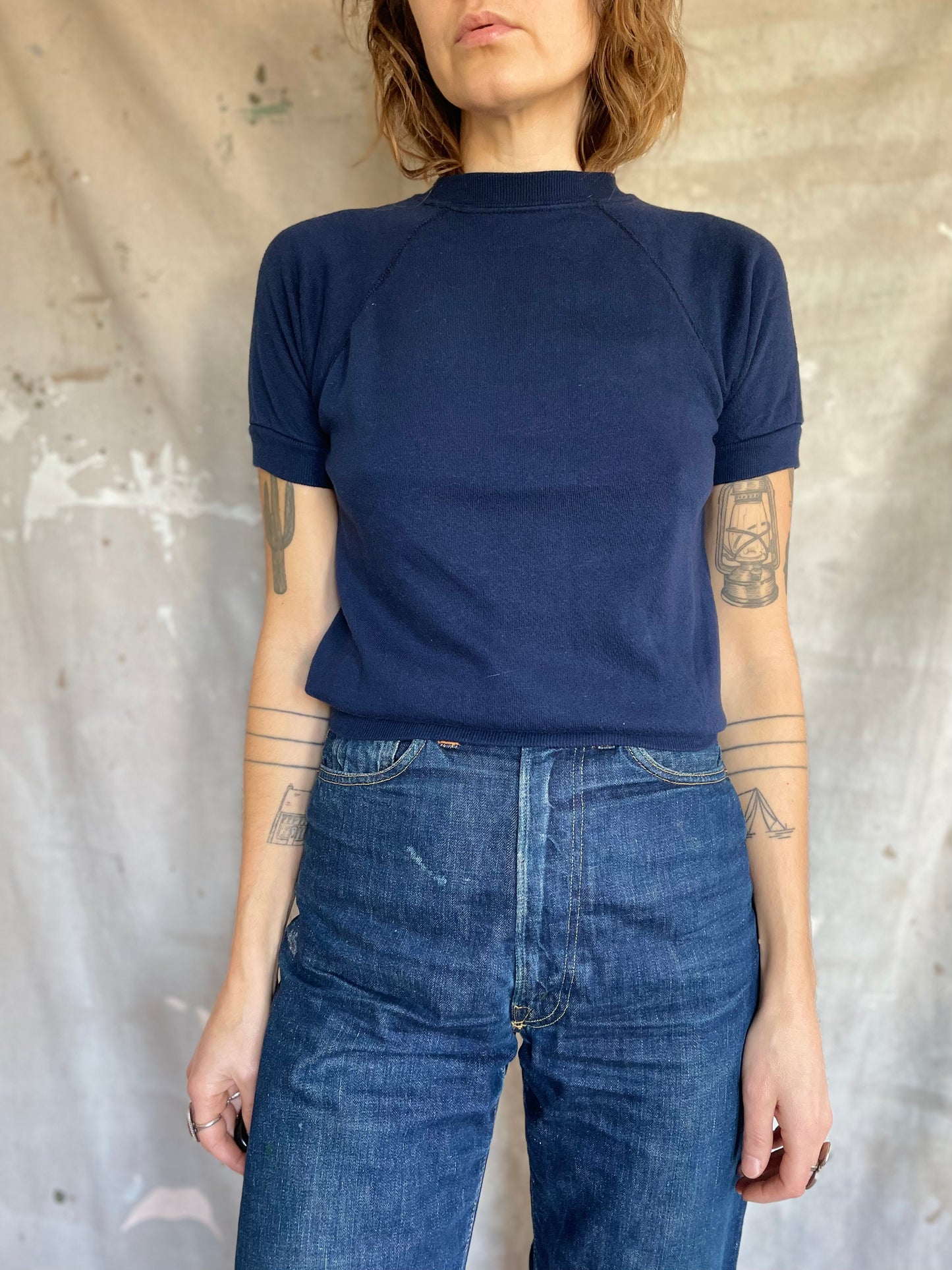 80s Blank Navy Blue Short Sleeve Sweatshirt