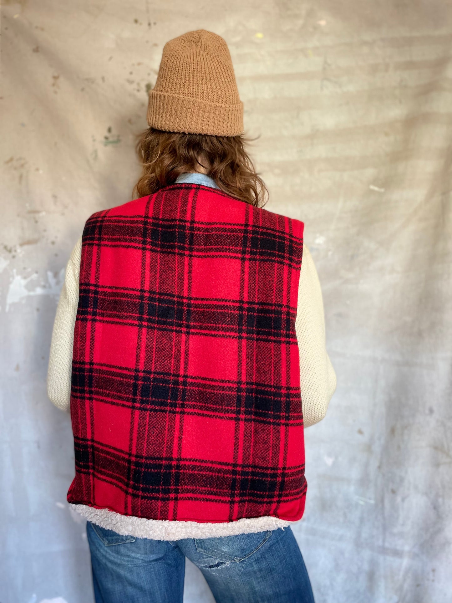80s Red And Black Plaid Faux Shearling Lined Vest