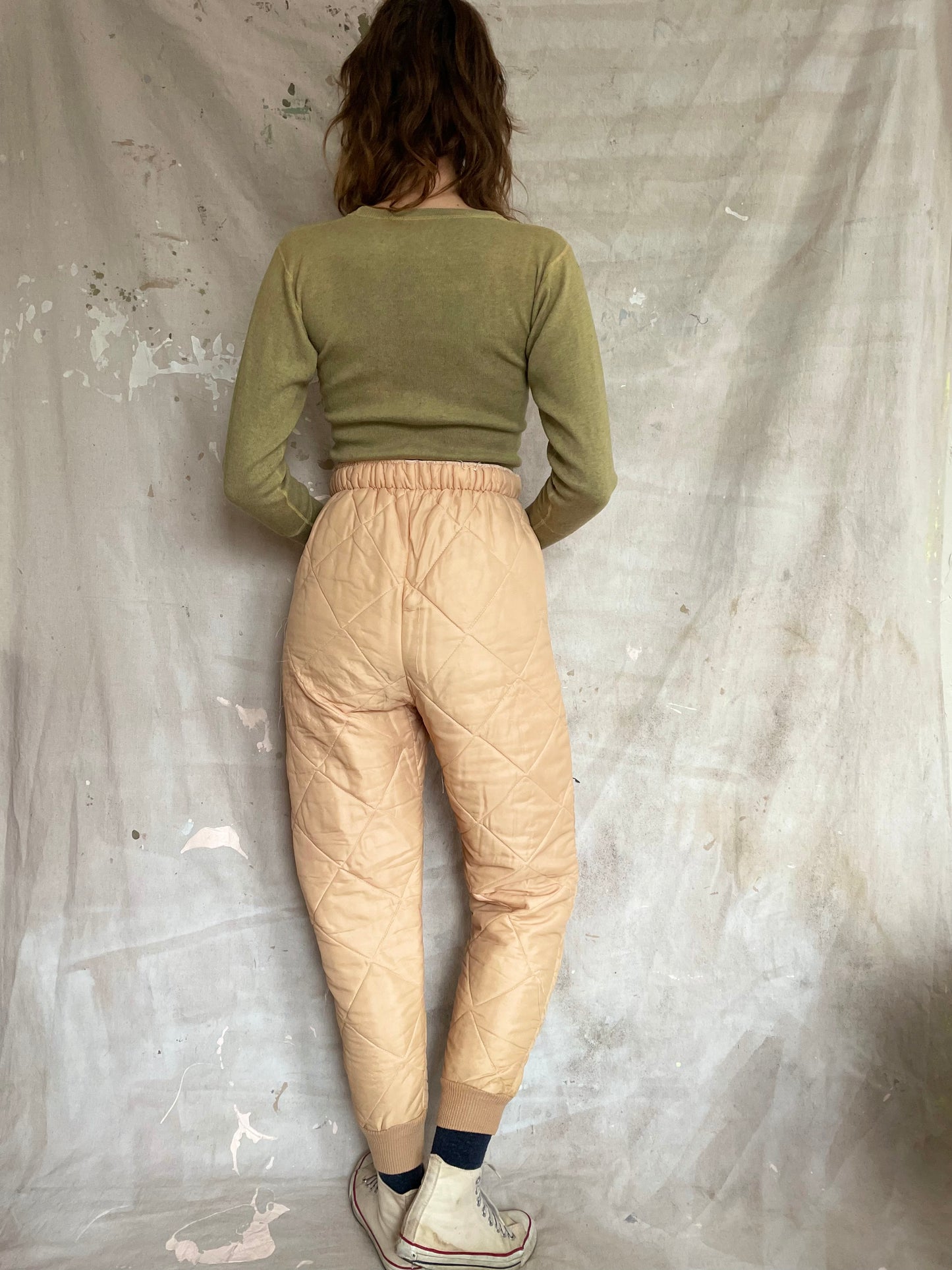 80s Peach Quilted Nylon Thermal Joggers