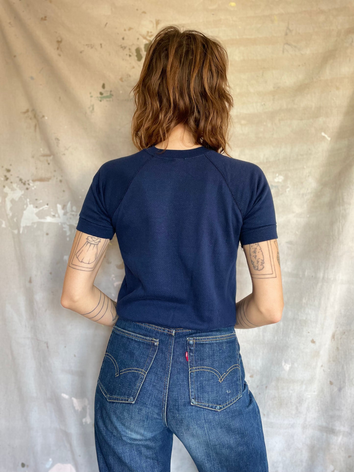 80s Blank Navy Blue Short Sleeve Sweatshirt