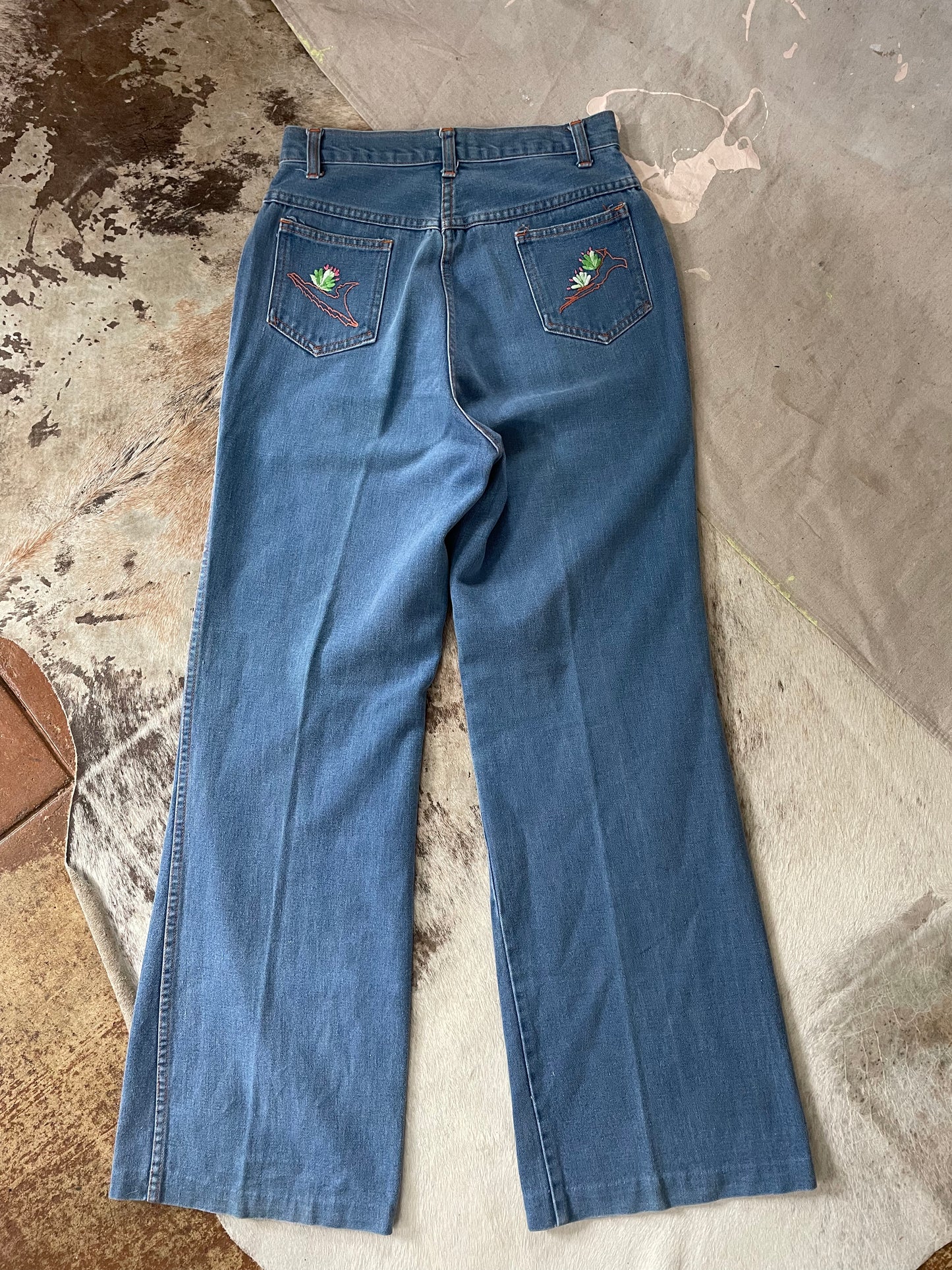 70s Embroidered Pocket Bell Bottom Jeans