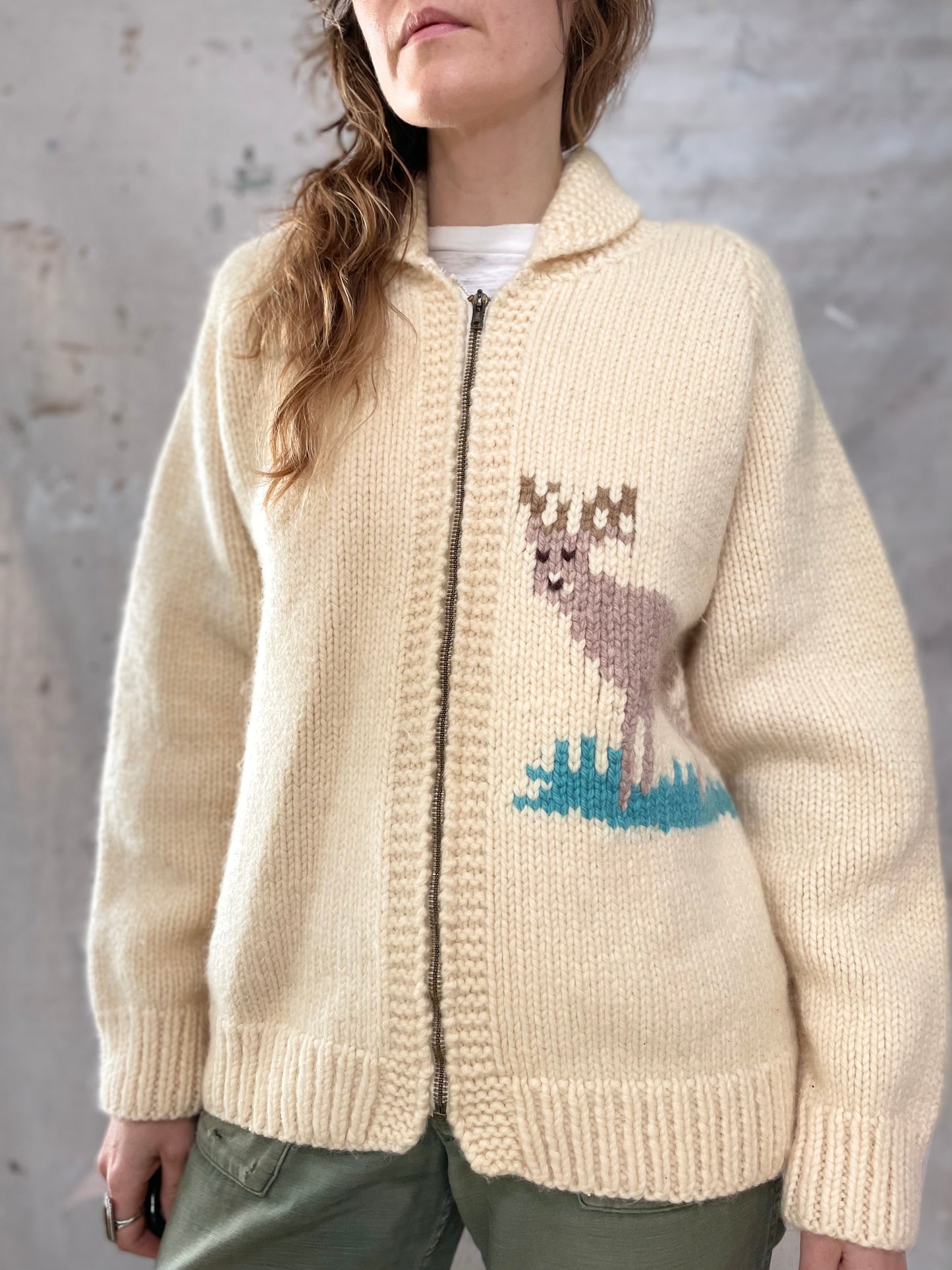 Mary Maxim Shawl Collar Deer Sweater