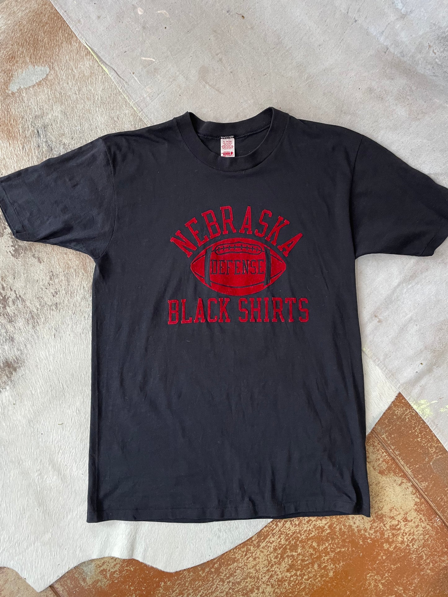 80s Flocked Nebraska Black Shirts Defense Football Tee